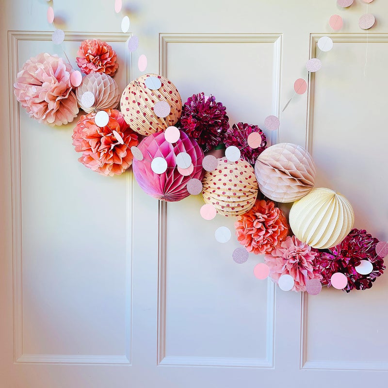 PapaKit Premium Paper Decoration Set - Pom Pom, Honeycomb and Accordion Lantern (Dusty Rose Bloom with Metallic Rose Gold) Birthday Party Baby Shower Bride to Be Engagement Wedding Events - Image 3